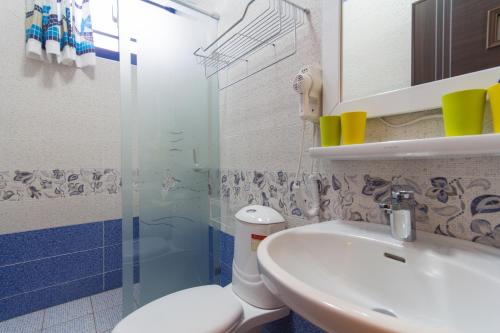 花莲市希腊仙境民宿的一间带水槽、卫生间和淋浴的浴室