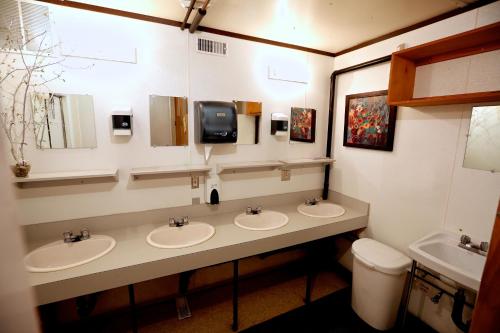 Tetsa RiverTetsa River Lodge的一间带三个水槽和镜子的浴室