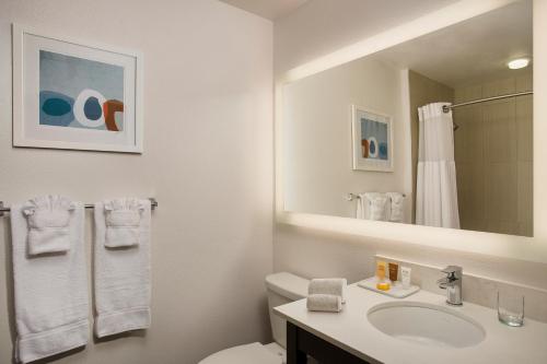 森尼维耳市Corporate Inn Sunnyvale - All-Suite Hotel的一间带水槽、卫生间和镜子的浴室