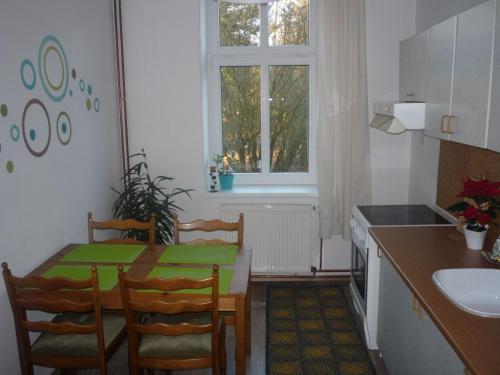 姆拉代布基Mladé Buky 261的厨房配有桌椅和窗户。