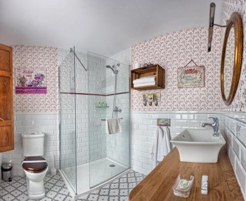 桑提亚纳德玛桑蒂拉娜殖民地酒店的带淋浴、卫生间和盥洗盆的浴室
