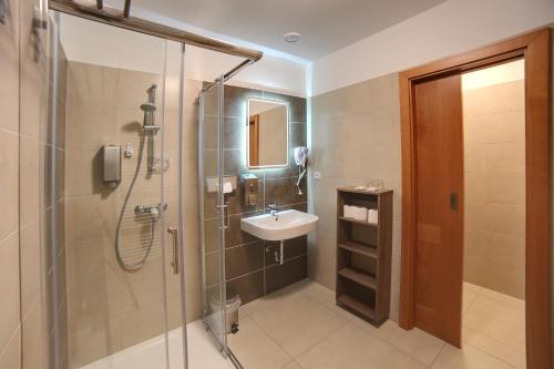 Alfrédov阿尔弗莱多福高尔夫康体度假酒店的浴室配有水槽和带水槽的淋浴
