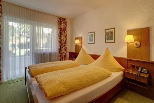 SaldenburgPension Bergstub`n的一间卧室设有两张带黄床单的床和窗户。