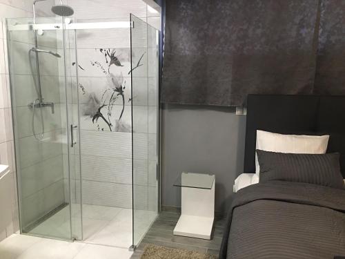 马里博尔班杰旅馆的卧室设有玻璃淋浴间,位于床边