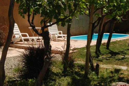 卡法亚特Hostal Tierra de Vinos的一组椅子和一个树木繁茂的游泳池