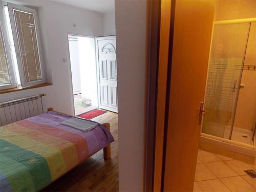 贝尔格莱德Hostel Kavala的一间卧室设有一张床和一个步入式淋浴间。