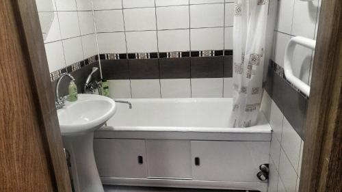 科布林Apartment on Pushkina 7的浴室设有盥洗盆和卫生间旁的浴缸。
