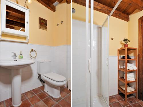 Banyeres del PenedesMasia Casa Roja的浴室设有卫生间和淋浴,两幅图片