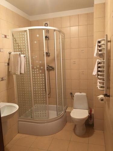 凯尔采Hotel Magnolia的带淋浴和卫生间的浴室