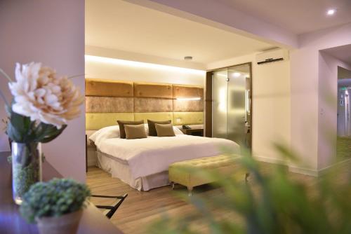 马德普拉塔丹佛马德普拉塔酒店的配有一张床和花瓶的酒店客房