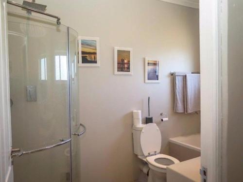 罗伯森Silver Pond Lodge的一间带卫生间和玻璃淋浴间的浴室