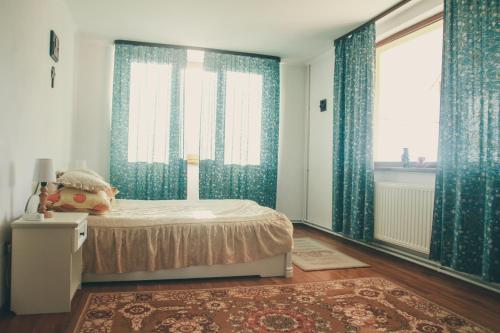 诺瓦齐- 斯特拉尼卡萨伦迪酒店的一间卧室配有蓝色窗帘和一张地毯床
