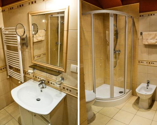 比尔什托纳斯Vila Liepa的浴室的两张照片,配有水槽和淋浴