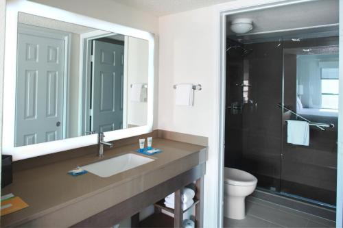 达拉斯达拉斯凯悦酒店 的一间带水槽、镜子和卫生间的浴室