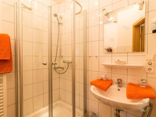 巴特维尔德巴德Hotel Restaurant Alte Linde的带淋浴和盥洗盆的浴室