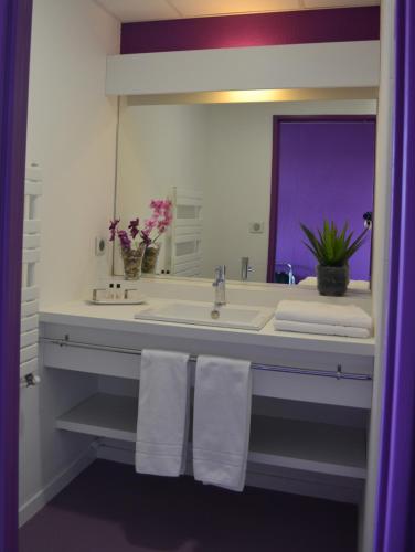 塔朗斯Hôtel de Guyenne的浴室配有盥洗盆、镜子和毛巾
