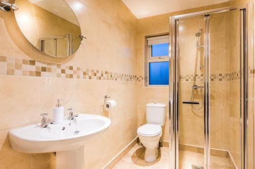 伦敦德里Elagh Cottages的浴室配有卫生间、盥洗盆和淋浴。