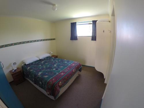 奥波蒂基Opotiki Holiday Park的一间小卧室,配有床和窗户