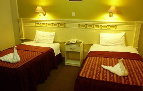 塔克纳Hotel San Martín的酒店客房设有两张床和电话
