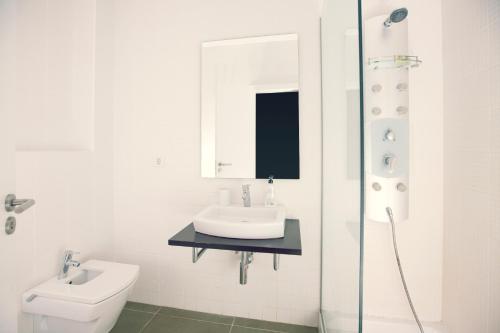 阿利坎特Modern Apartment - Alicante的一间带水槽、卫生间和镜子的浴室