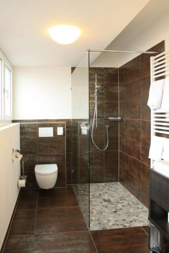 大博特瓦尔阿尔特希米德旅馆的一间带卫生间和玻璃淋浴间的浴室