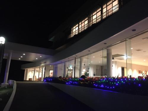 天草市天草圣诞酒店的一座晚上有蓝色花朵和灯光的建筑