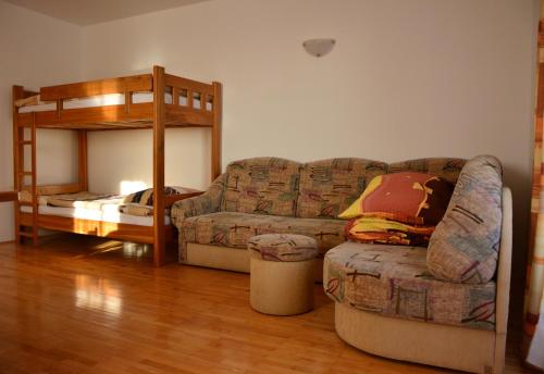 采尔克诺Apartments Gatej的带沙发和双层床的客厅
