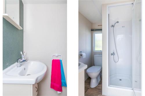 洛默尔Camping Blauwe Meer NV的两张带水槽和淋浴的浴室的图片