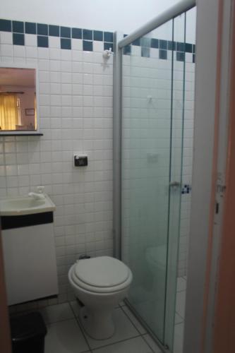 乌巴图巴Ubatuba Surf Spot的一间带卫生间和玻璃淋浴间的浴室