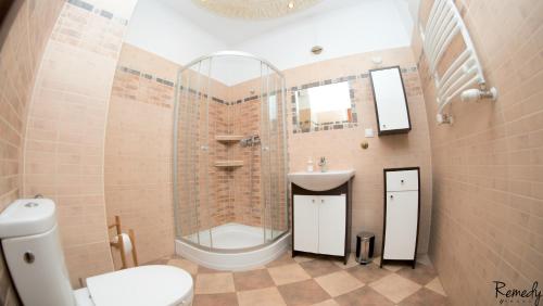 什切青Apartamenty Sedinum - Modern的浴室配有卫生间、盥洗盆和淋浴。