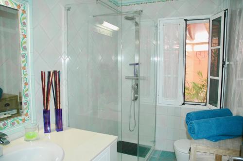 拉普拉亚蒂陶洛Villa Tauro Country Club的带淋浴、盥洗盆和卫生间的浴室