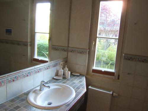 奥斯赛拜-屈隆斯博恩Ferienwohnung LAGUNA-Residenz am Meer/ Whg. 29的一间带水槽的浴室和两个窗户