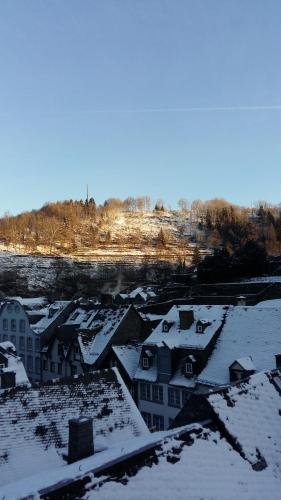 蒙绍Der kleine Globetrotter的天空中白雪覆盖的城镇景色