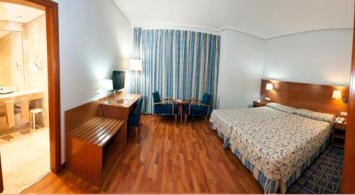 卡塞雷斯埃斯特雷马杜拉酒店的配有一张床和一张书桌的酒店客房