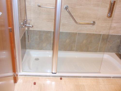 卡塞雷斯埃斯特雷马杜拉酒店的浴室里设有玻璃门淋浴