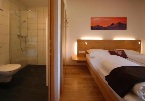 东蒂罗尔地区马特赖EdelWeiss AlpinLodge的一间卧室设有一张床、淋浴和卫生间