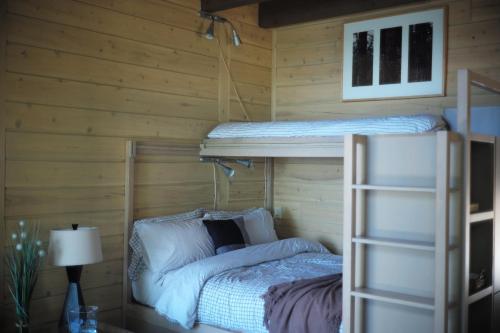 拜圣保罗Refuge du Cap的木间设有两张双层床和灯