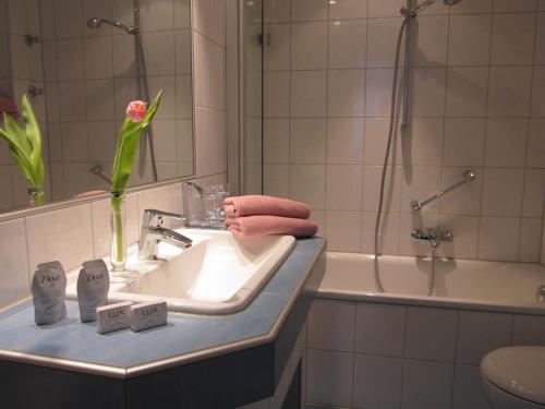 海德堡海德堡安拉格酒店的浴室设有水槽和花卉浴缸