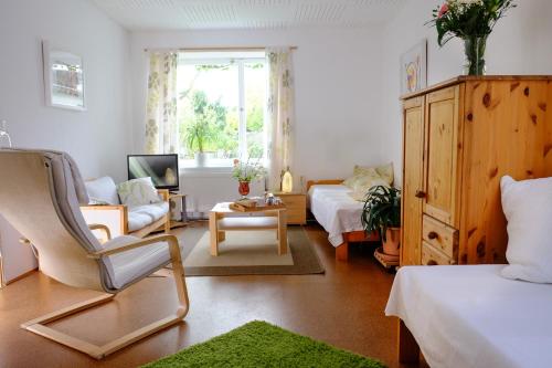 勒沃库森Rhein River Guesthouse - direkt am Rhein的客厅配有床、沙发和椅子