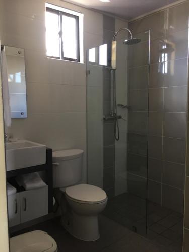 圣弗朗西斯科德马科里斯考巴斯酒店的一间带卫生间和玻璃淋浴间的浴室