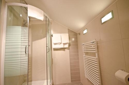 维斯普雷姆Promedicum Panzio的带淋浴和玻璃淋浴间的浴室