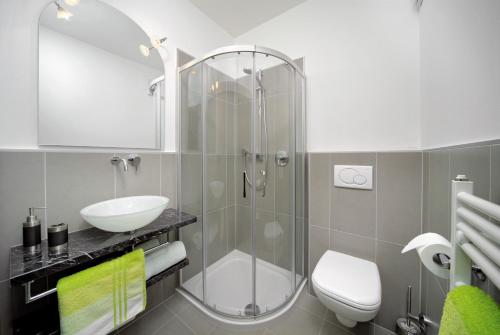 拉纳Hotel Garni Vigilhof的带淋浴、卫生间和盥洗盆的浴室