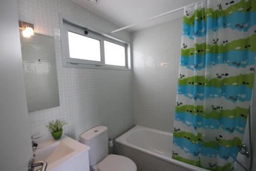 厄尔梅达诺Apartment El Medano Sunrises的一间带卫生间和淋浴帘的浴室