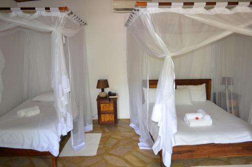 龙杜Tambuti lodge的卧室内的两张床,带白色窗帘