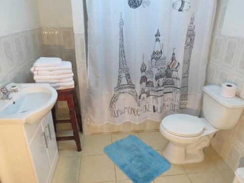 科伊艾科Apartamento Bordeluna的浴室设有卫生间、水槽和淋浴帘