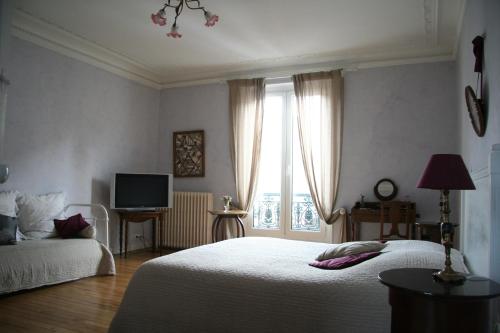 勒芒Chambres d'hôtes Le Clos d'Hauteville的一间卧室设有一张床、一台电视和一个窗口。