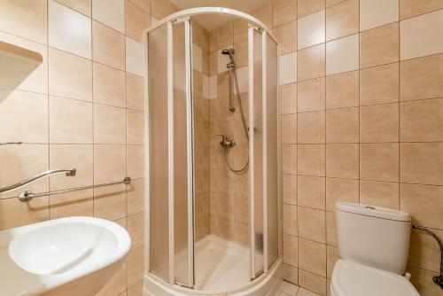 马汀伊索旅馆的带淋浴、卫生间和盥洗盆的浴室