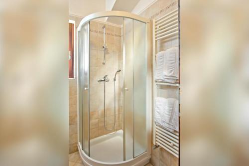 PodsabotinTuristična kmetija Štanfel的浴室里设有玻璃门淋浴