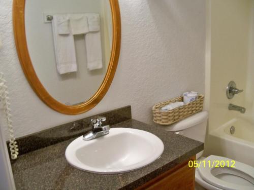 温特黑文温特黑文罗伊湖海滩酒店的一间带水槽、镜子和卫生间的浴室