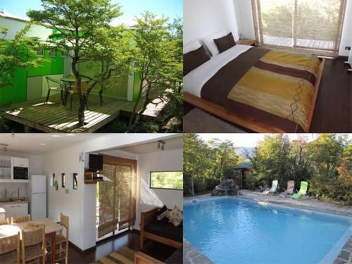 拉斯特朗卡斯安迪诺生态度假屋的卧室和游泳池的照片拼凑而成